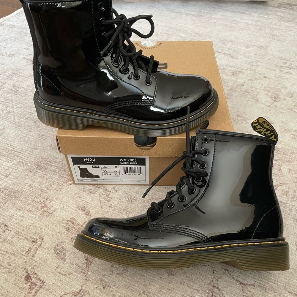 Dr. Martens Glossy Black Boots with Yellow Stitching